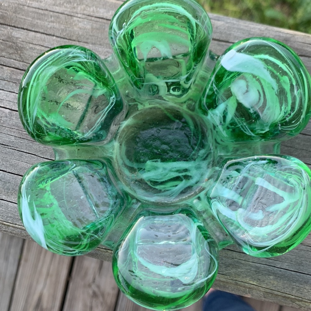 Hand Blown Glass Candy Dish | Ashtray Green White ~ Glass Art 🖼️ Glass Flower